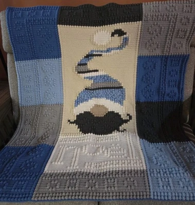 NEW HAND CROCHET GNOME NOEL CHRISTMAS BLUE TAN GRAY AFGHAN  BLANKET THROW 53x48 - Image 1 of 4