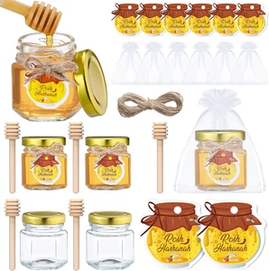 6 Pcs Rosh Hashana Honey Jars Gifts with Tags, Dippers, Lids, Gift Bags and Jute - Picture 1 of 7