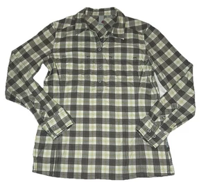 Stio Womens 1/2 Button Gray Plaid Flannel Popover Shirt MediumCotton Long Slv - Picture 1 of 7
