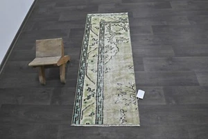 Vintage Turkish Runner Rug 2x5ft Wool Anatolian Handmade Hallway Oushak GREEN - Picture 1 of 9