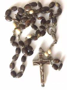 Vintage Relic Rosary Terra Catacomb, 23"  Brown Beads ROMA Cross Opens  - Picture 1 of 4