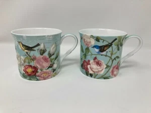 Stechcol Birds & Flowers Coffee Tea Cups Gracie Bone China Floral Blue Set of 2 - Picture 1 of 6