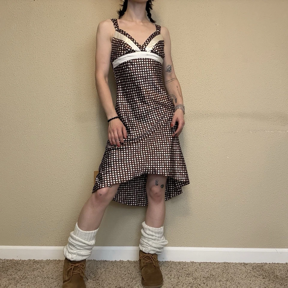 BCX y2k girly brown sleeveless polka dot v neck dress w/ high low hem women's XS - Image 1 of 4