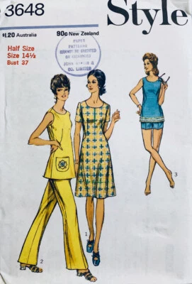 Vintage STYLE Pattern 3648 Misses RETRO 1970s Dress Tunic Shorts & Pants Sz 14½  - Image 1 of 3
