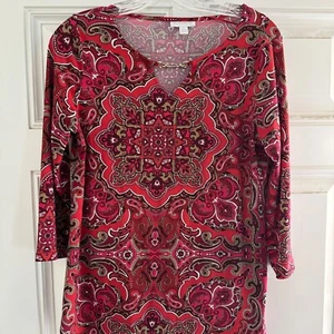 Charter Club Women's V-Neck Red Paisley Tunic Blouse With 3/4 Sleeves Size M - Picture 1 of 6