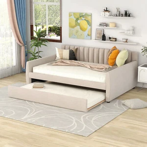 Full Size Velvet Upholstered Daybed Sofa Bed with Trundle Wooden Slatted Beige - Picture 1 of 9