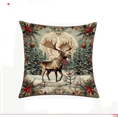 Funda de almohada de Navidad escena de árbol de invierno ciervo alce decoración del hogar de vacaciones Foto 1 de 4