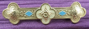 Vtg. Matte Goldtone Cream & Teal Enameled Victorian Styled Bar Brooch - Picture 1 of 11