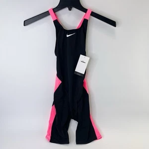 Nike Girls Swimsuit Hydrastrong One Piece Black Pink Kneeskin Sz 28 Y (11-12) - Picture 1 of 10