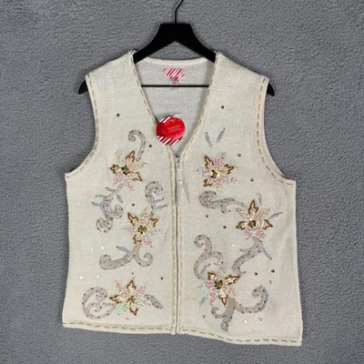 Suéter Chaleco Vintage Navidad Para Mujer XL Floral Papá Noel Tejido Lentejuelas Cárdigan Foto 1 de 4