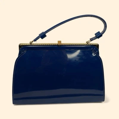 Bolsa de mão de couro envernizado azul vintage década de 1960 armação dourada interior de cetim azul - Imagem 1 de 4