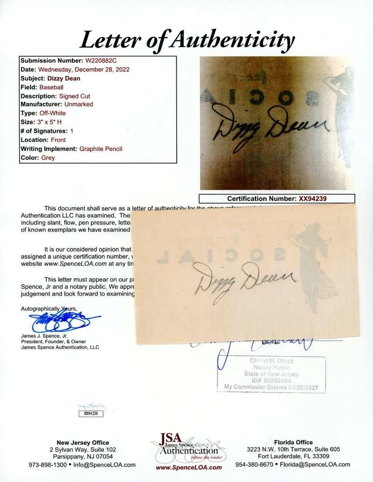 Dizzy Dean JSA Coa Vintage Signed 3x5 Index Card Autograph - Image 1 of 1