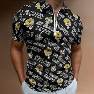 New Orleans Saints Men's Short Sleeve Polo Shirt Sports T-Shirt with Zipper