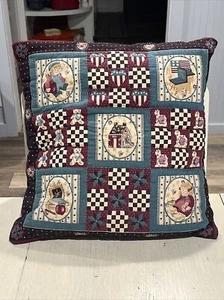 Handgefertigtes Kissen gesteppt Vintage 16 Zoll ~ Teddybär, Katzen, Schulhaus, Lehrer - Bild 1 von 21