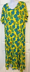 Lug Lounge Swing Maxi Dress Womans XL Yellow Floral Jersey Short Sleeve Recycled - Picture 1 of 16