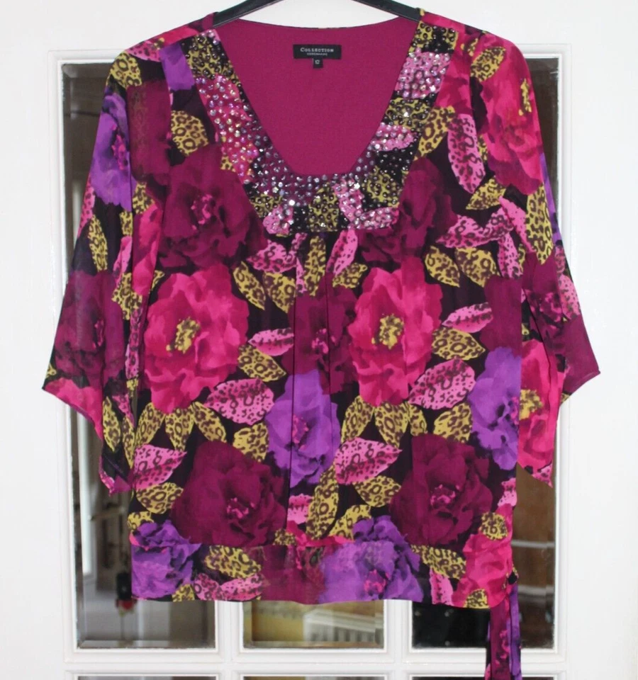 LADIES PINK MIX 3/4 CHIFFON SLEEVED BLOUSE WITH SIDE TIE FROM DEBENHAMS SIZE 12 - Image 1 of 4