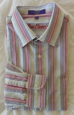 ALAN FLUSSER Mens16 34/35 L Striped Cotton Dress Shirt Button Down Red Holiday  - Image 1 of 4
