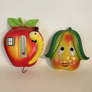 Vtg Miller Studio Chalkware Apple & Worm Thermometer & Pear Wall Hanging '70s - Picture 1 of 15