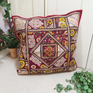 Vintage Rani Red Embroidered Floor Cushion Covers Antique Mirror Work 2 - Picture 1 of 9