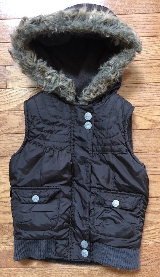 Antiguo Chaleco Chaqueta de Invierno con Capucha de Piel Marrón Azul Marino Niñas Pequeño - Usado - Buen Estado Foto 1 de 4
