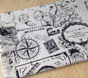 240. Vintage Sailing Map Natural LINEN - Cotton Fabric. Price per 1/2 metre - Picture 1 of 3