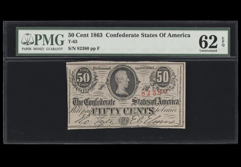 PMG UNC62. T-63 1863 Confederate States 50 Cents 50c Civil War Banknote Currency - Image 1 of 4