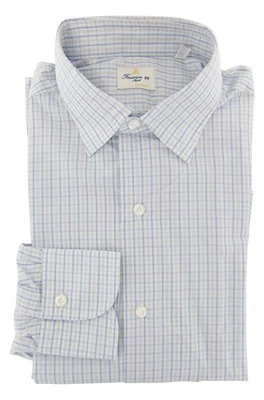 Finamore Napoli Light Blue Plaid Cotton Shirt - Extra Slim - 15.75/40 (W0) - Image 1 of 4