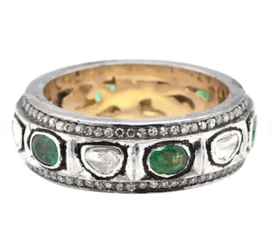 Emerald Gemstone Ring Rose Cut Polki Pave Diamond Band Ring 925 Silver Ring - Picture 1 of 6