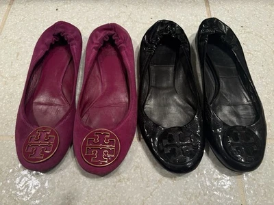 2 TORY BURCH Reva Plano Para Mujer Gamuza Ciruela y Cuero Negro Sin Cordones Talla 9 y 9.5 Foto 1 de 4