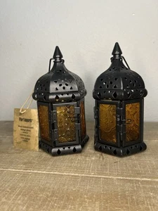 Pier 1 Pair Of Lanterns Tea Light Candle Black W/ Amber Glass 1 NWT 1 No Tags - Picture 1 of 11
