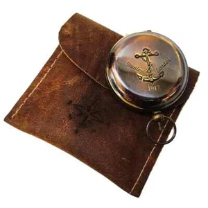 Brass Antique Finished Push Button Lid Compass with Necklace Chain Leather Case - Picture 1 of 5