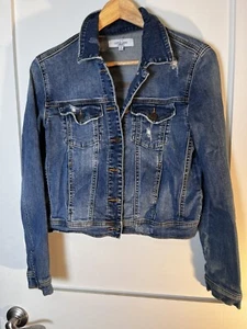 Carley Jean Cropped Blue Jean Jacket Distressed Denim Womens Small - Picture 1 of 7