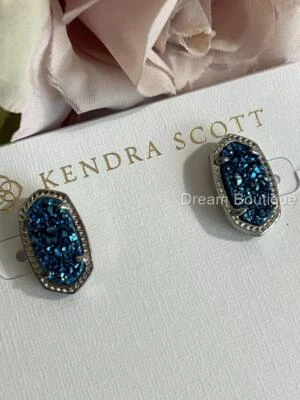 Kendra Scott Ellie Blue Drusy Rhodium Plated Silver Post Earrings NWT - Image 1 of 4