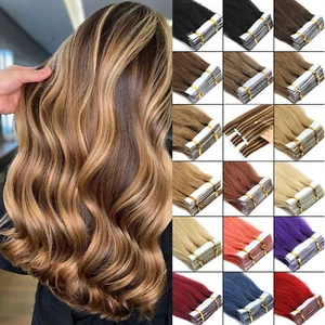 Tape In Real Human Hair Extensions Invisible Glue Skin Wefts Full Head Remy Hair - Picture 1 of 122