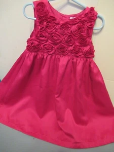E) Grils Size 3 Carters Dark Pink Dress Button Tie Back Fully Lined Rosetts - Picture 1 of 7