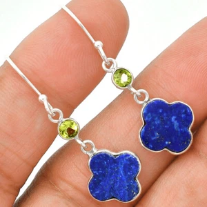 Natural Lapis Lazuli & Peridot 925 Sterling Silver Earrings Jewelry E-1006 - Picture 1 of 5