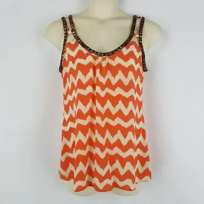 Wish Women 12 M Orange White Midnight Sun ZigZag Print Bronze Beads Tank - image 1 of 4