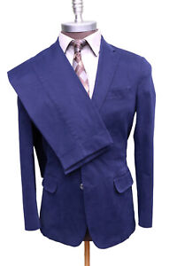 SuitSupply Miani Cotton Solid Blue Two Button Suit Flat Front Hemmed SZ 40R