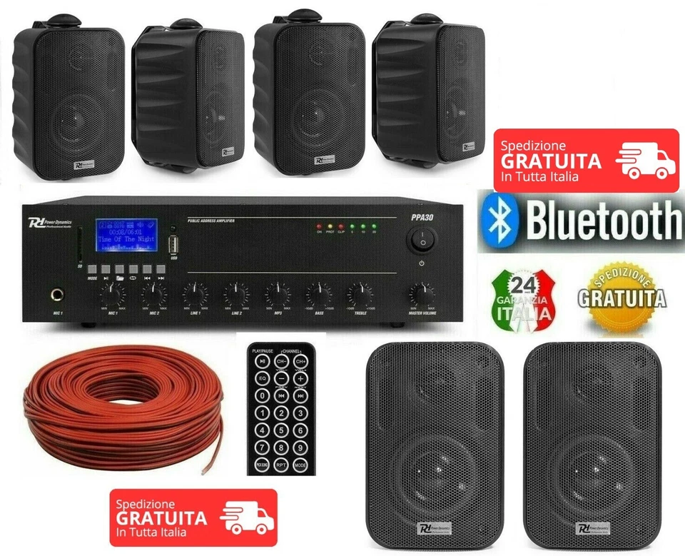 IMPIANTO AUDIO FILODIFFUSIONE LOCALI 100Watt+6 Altoparlanti+Bluetooth+100Mt Cavo - Immagine 1 di 4