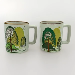 2 Vtg MCM Stoneware Festival Gres Korea Four Seasons Tree Mugs Spring Summer EUC - Picture 1 of 8