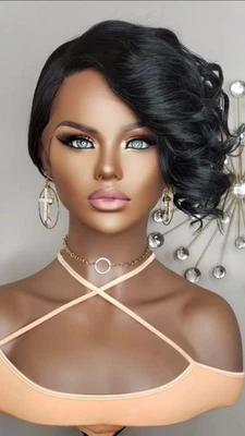  Nuevo Estilo Corto Negro Verde Teal Oscuro Mezcla Cabello Humano Rizado Encaje Frontal Peluca Foto 1 de 4