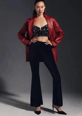 Anthropologie Black Velvet Flared Flare Pants Bell Bottoms 10 High Rise Stretch - Image 1 of 4