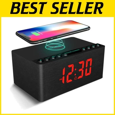 Wooden Digital Alarm Clock FM Radio with Wireless Charger - Image 1 of 4