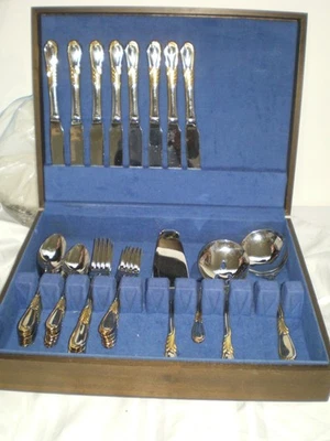 VERY NICE 44 Retroneu LINDA Stainless Gold Accent 18-8 Serving For 8 Flatware - Image 1 of 4