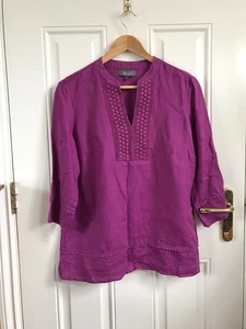 M&S Per Una 100% Linen Purple Pink Top V Neck Size 14 3/4 Sleeve Summer - Picture 1 of 7