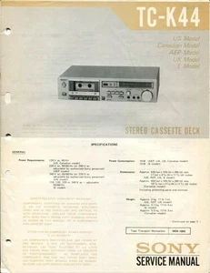 Sony TC-K44 Stereo Cassette Deck Manuale di Servizio + Preliminare - Foto 1 di 5