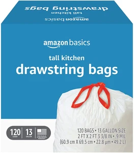 Amazon Basics Trash Bags, Tall Kitchen Drawstring, Unscented, 13 Gallon, 120 Cou - Picture 1 of 12