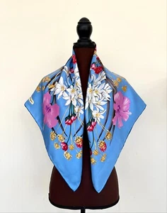 Display #1 New Salvatore Ferragamo Scarf Garden White Flowers Blue Silk Wrap - Picture 1 of 15