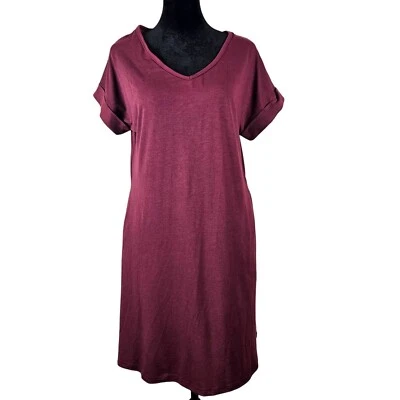 BTFBM Mujer Cuello en V Borgoña Informal Camiseta Vestido Talla Pequeña Bolsillos Cómodo Foto 1 de 4