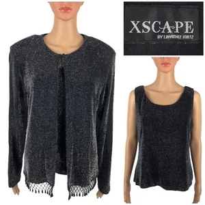 Xscape Women XL Tank Top Jacket Twin Set Black Fringe Metallic Silver Beaded EUC - Picture 1 of 11